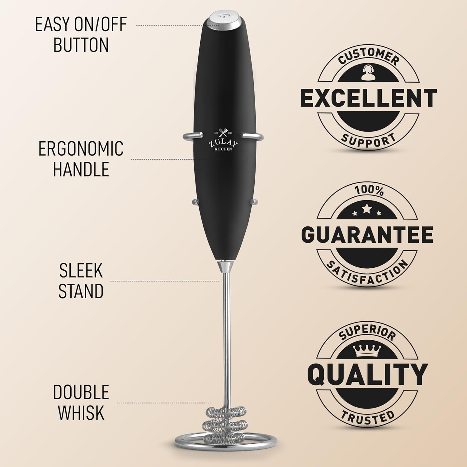 Zulay Kitchen Patented Tornado Triple Whisk Milk Frother with 2 Duracell Batteries – Handheld Foam Maker for Coffee, Lattes, Matcha & Hot Chocolate – Rich, Creamy Froth in Seconds