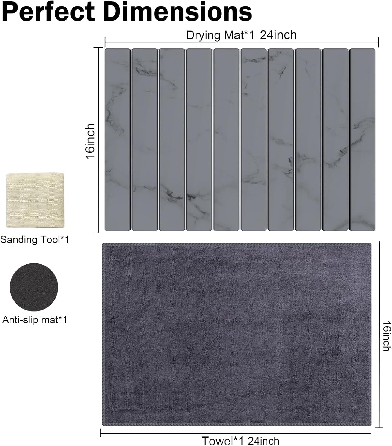 Stone Dish Drying Mat for Kitchen Counter,24"(L)×16"(W) Collapsible Fast-Drying Diatomaceous Earth Mats with Towel Sanding Tool,Versatile Stone Drying Mats for Cups Dishes Bottles