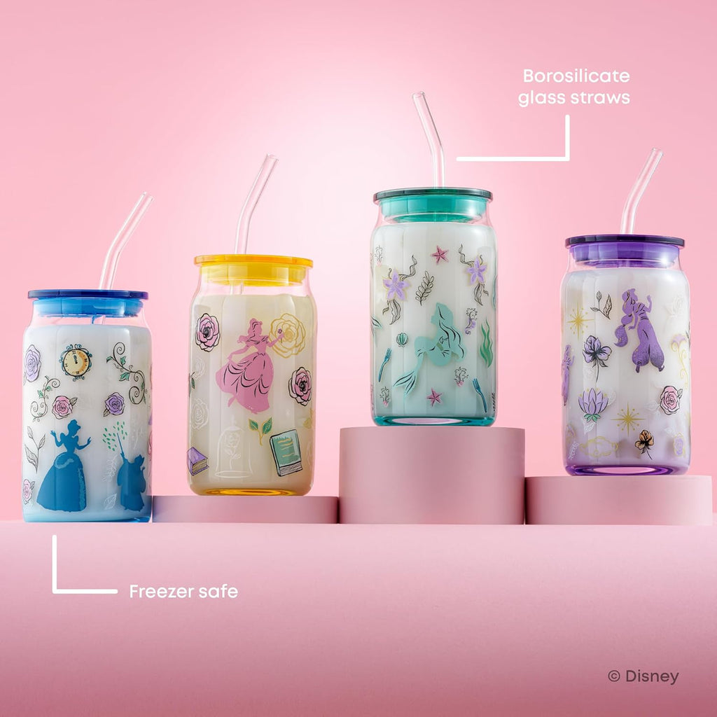JoyJolt Disney Princess Icon Glass Tumblers with Lids and Straws, 16oz Glass Cups with Lids and Straws ft Princess Jasmine Ariel Cinderella Belle, 4pc Can Shaped Drinking Glasses, Iced Coffee Cups