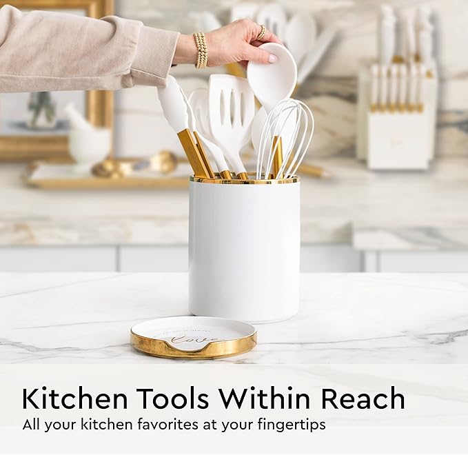 White Utensil Holder with Built-In Ceramic Spoon Rest - 2-Piece Luxe White and Gold Spatula Holder with Gold Spoon Rest for Countertop Organization - Stylish Kitchen Accessory, Utensils Not Included