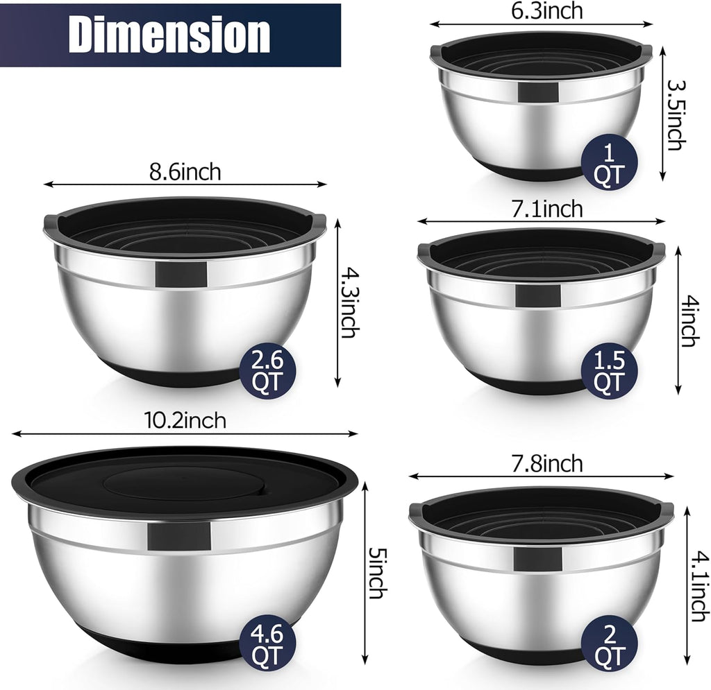 E-far Stainless Steel Mixing Bowls with Lids Set, 5-Piece Nesting Salad Bowls with 3 Grater Attachments and Non-Slip Bottoms, Size 4.6, 2.6, 2, 1.5, 1QT for Kitchen (Black)