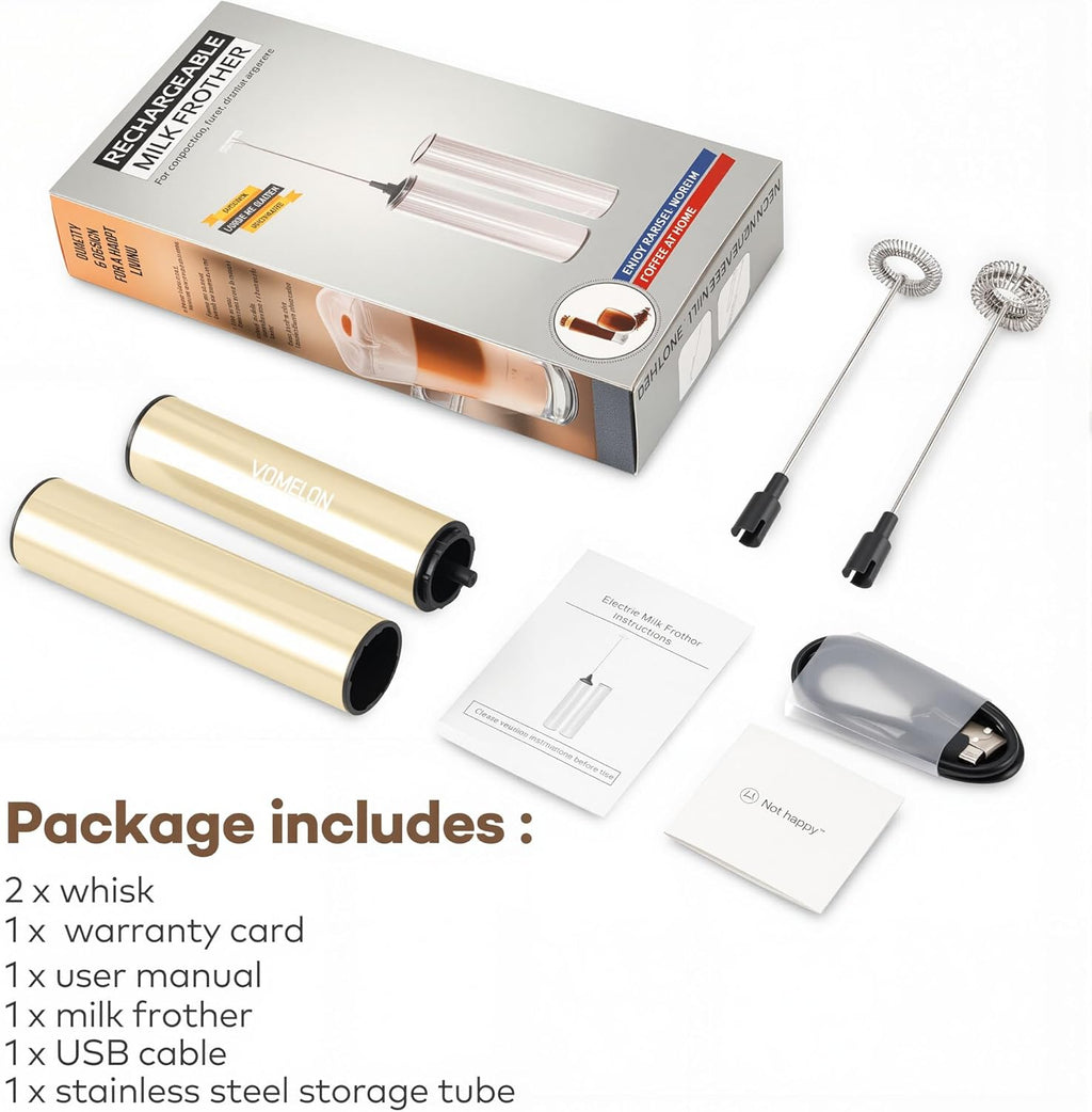 Rechargeable Milk Frother Handheld Electric Frother Wand Milk Foamer Drink Mixer for Coffee, Lattes, Cappuccino, and Egg, Stainless Steel for Travel-Beige