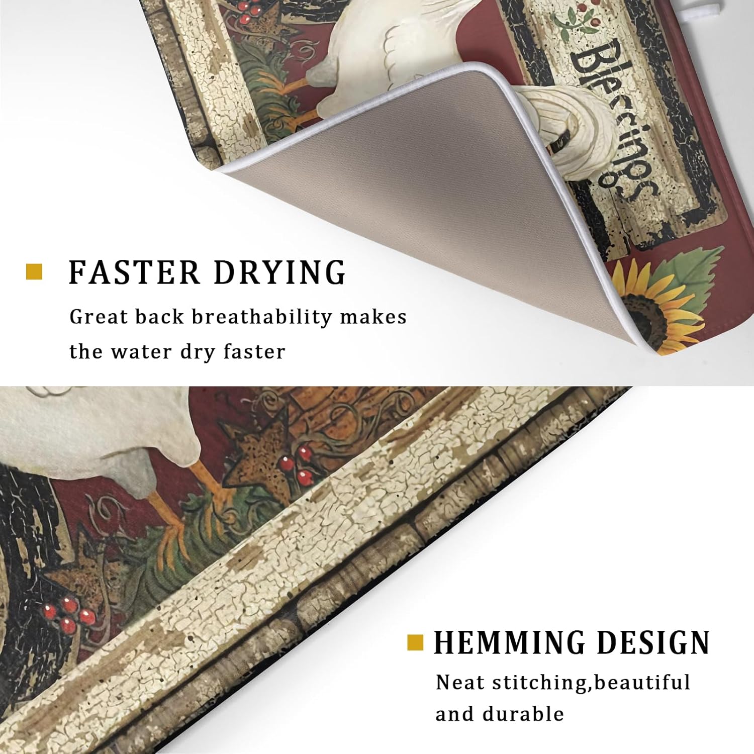 Giwawa Vintage Rooster Dish Drying Mat for Countertop, 18"x24" Farmhouse Chicken Dish Drainer Mats, Rustic Country Style Fast Drying Microfiber Dish Drying Pad Kitchen Accessories Decor Large