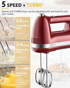 Electric Hand Mixer, Powerful 300W Hand Mixer Electric Handheld with 304 Beaters, Dough Hook, Hand Held Mixer with Turbo for Baking Cakes, Eggs, Cream Food(Red)