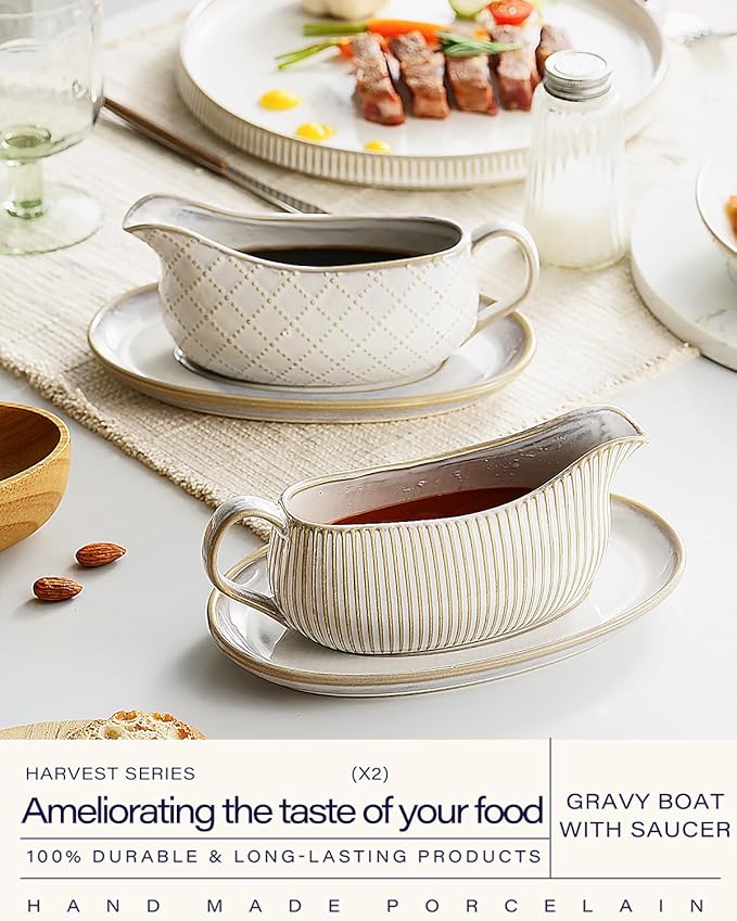 Getstar Gravy Boat with Saucer, Cranberry Sauce Dish Thanksgiving, Ceramic Gravy Dish Bowl, Microwave & Dishwasher Safe (2 Pieces)