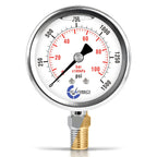 Stainless Steel Pressure Gauge Dual Display (0-1500 psi/kPa) - 2 1-2" Glycerine Liquid Filled Water Air Oil Gas Gauge with Polycarbonate Lens & Brass Connection-1/4 NPT Lower Mount