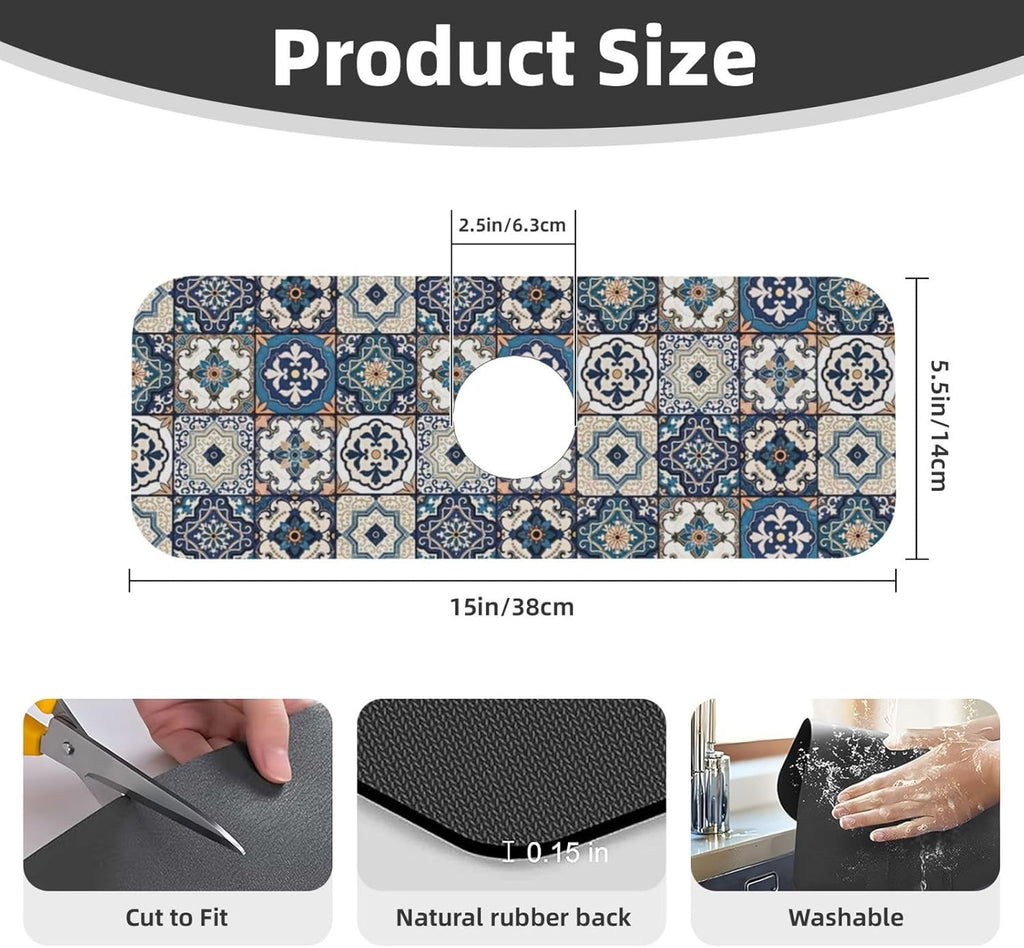 2Pcs Dish Drying Mats Faucet Mats Sets Large Size Coffee Mats Sink Faucet Mat Splash Guard for Kitchen Counter Bathroom Sink Coffee Bar Kitchen Decor (Blue Boho, 18"x24" 15" x 5.5"Set)