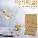 DEMIGO Cocktail Picks 16pcs, 8 New Styles Stainless Steel Reusable Olive Stuffers Martini Pick set Fruit Toothpick Garnish Skewers Appetizer Drink Stick for Bar party, Barbeque Snack, Club sandwiches