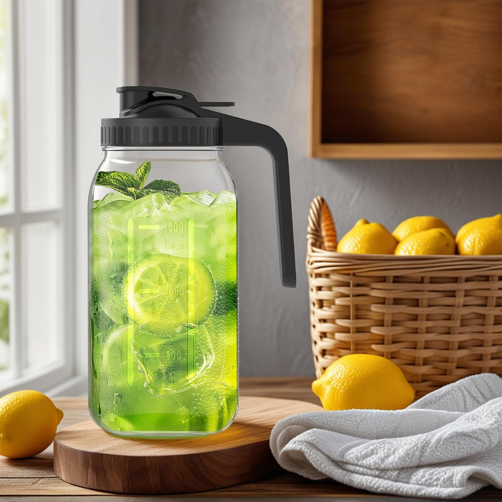 3-Pack 64oz Glass Mason Jar Pitchers with Leak-Proof Lids and Handles – Wide Mouth Design for Sun Tea, Cold Brew, Lemonade, Juice, Iced Tea, and Water