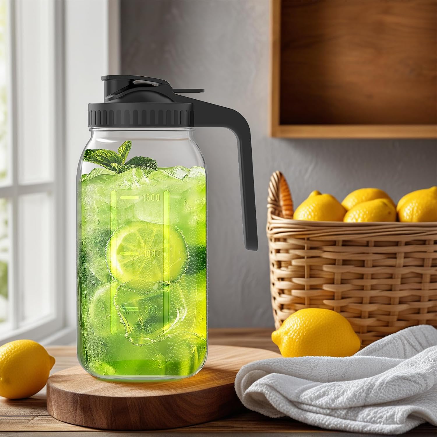 3-Pack 64oz Glass Mason Jar Pitchers with Leak-Proof Lids and Handles – Wide Mouth Design for Sun Tea, Cold Brew, Lemonade, Juice, Iced Tea, and Water