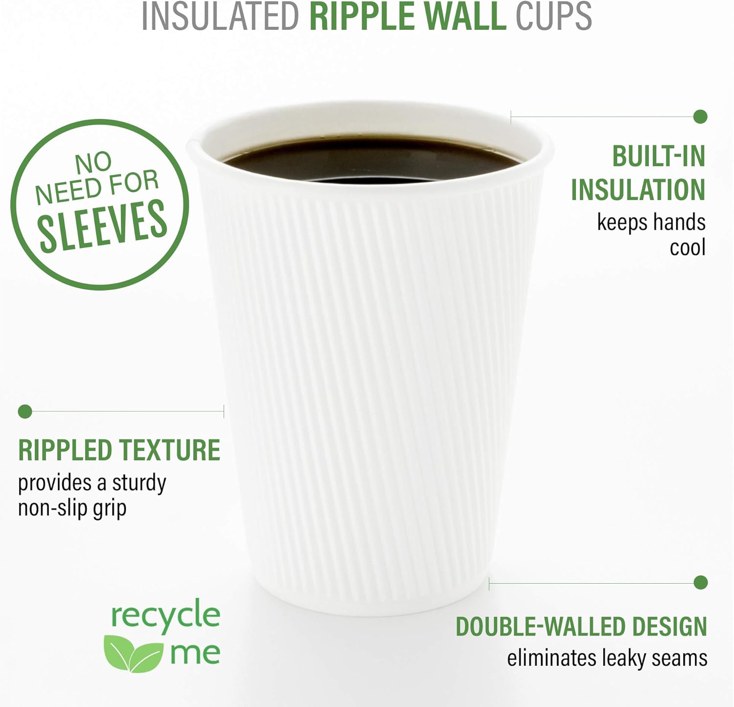 Restaurantware 16 Ounce Ripple Wall Disposable Coffee Cups, 500 Insulated White Paper Tumblers with Rolled Rim Design, Lids Sold Separately for Hot Drinks like Tea, Hot Chocolate and More