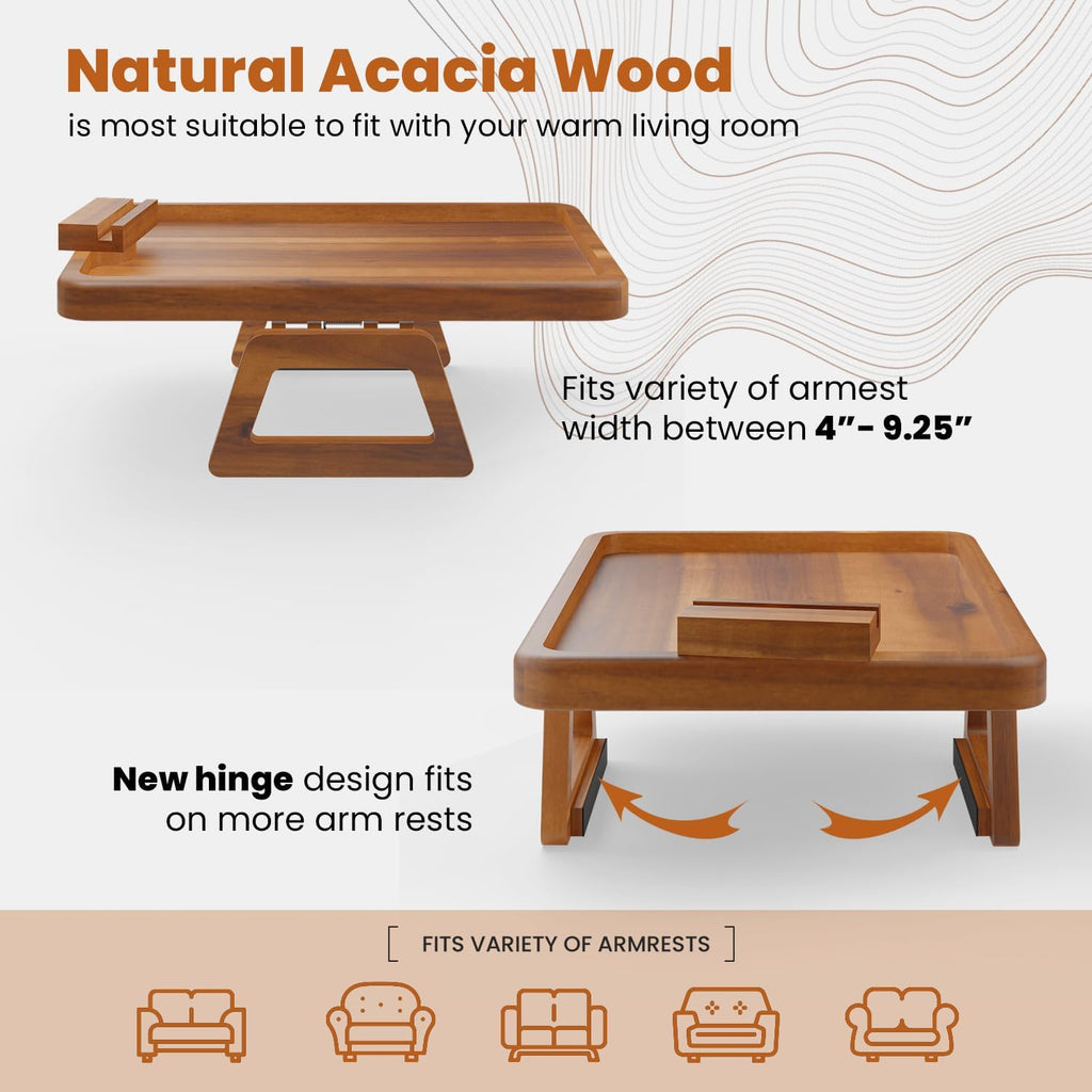 Tinamo 15.7" x 11" Large Couch Arm Table with 360 Rotating Phone Holder - Sofa Arm Clip Table for Living Room - Sofa Armrest Tray Wide Couches - Wooden Side Tables for Eating and Drink (Acacia Wood)