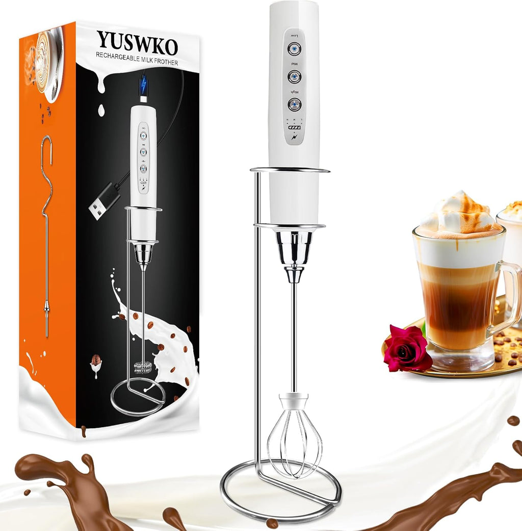 YUSWKO White Handheld Milk Frother Wand with Stand for Coffee, Rechargeable Electric Whisk with 3 Heads 3 Speeds Drink Mixer Coffee Frother For Latte, Cappuccino, Hot Chocolate, Egg