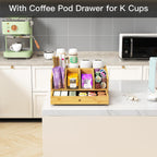 Coffee Station Organizer for Countertop Coffee Condiment Organizer, Office Coffee Station, Small Cute Coffee Bar Organizer – Bamboo & Wooden Storage with Removable Dividers & Drawer
