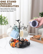 Rotating Mug Tree for Countertop | Decorative Bird & Nest Mug Holder with Storage Basket | Holds 6 Mugs & Pods | 360° Spinning Coffee Cup Rack for Kitchen, Coffee Bar Accessories & Home Décor