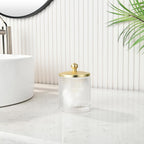 Glass Cotton Jar Holder Matte Gold Lid, Elegant Bathroom Storage Canister for Qtips, Cotton Balls, Floss, Makeup Organizer, Vanity Bathroom Organization