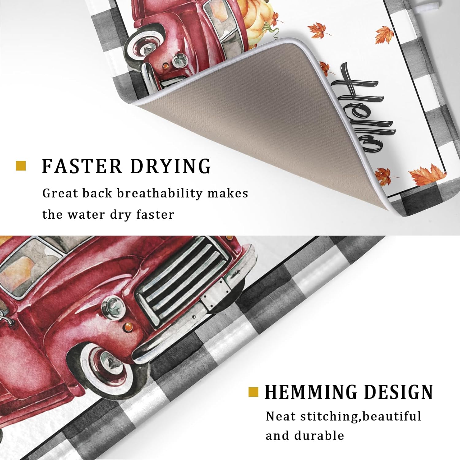 Hello Fall Pumpkin Dish Drying Mat for Kitchen Counter Decor 18x24 Inch Red Truck Harvest Absorbent Reversible Microfiber Dish Drying Pad Buffalo Check Plaid Dish Drainer Rack Mats for Coffee Bar