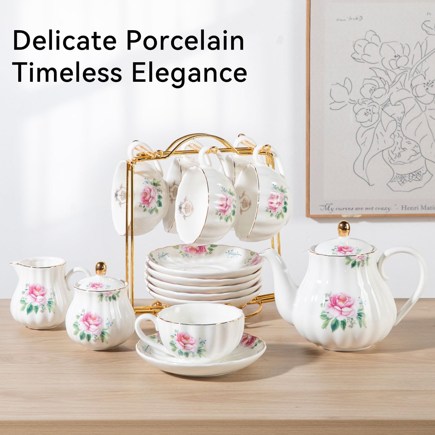 Porcelain Tea Sets British Royal Series, 8 OZ Cups & Saucer Service for 6, with Teapot Sugar Bowl Cream Pitcher Teaspoons and Tea Strainer, Suitable for High Tea, Wedding, Party(Blush Pink)