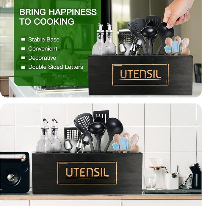 Utensil Holder Extra Large Utensil Organizer with 4 Compartments, Wooden Rustic Utensil Crocks for Kitchen Counter, Farmhouse Cooking Utensil Caddy Countertop Spatula Silverware Spoon Holder - Black