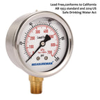 MEASUREMAN Lead-Free Pressure Gauge, 2-1/2inch Dial, Glycerin Filled, 0-100psi/kpa, Stainless Steel Case, 1/4inchNPT Lower Mount