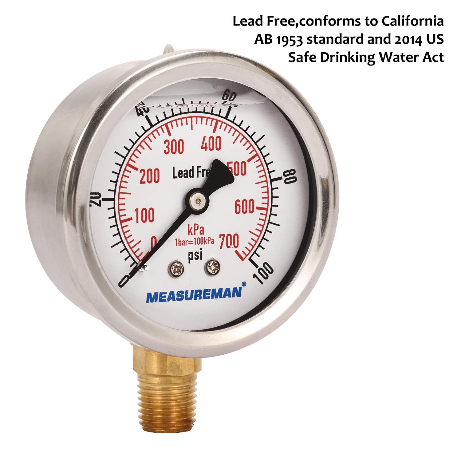 MEASUREMAN Lead-Free Pressure Gauge, 2-1/2inch Dial, Glycerin Filled, 0-100psi/kpa, Stainless Steel Case, 1/4inchNPT Lower Mount