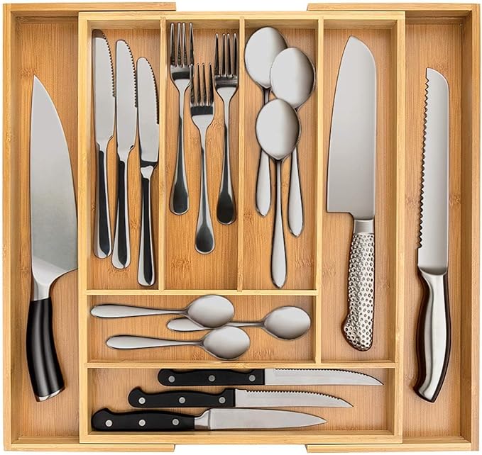 Realm Bamboo Deep Expandable Silverware Organizer | Neatly Stow Cutlery and Utensils in this 6 to 8 Compartment Flatware Tray | Designed For Better Kitchen Drawer Organization | Natural Color Holder