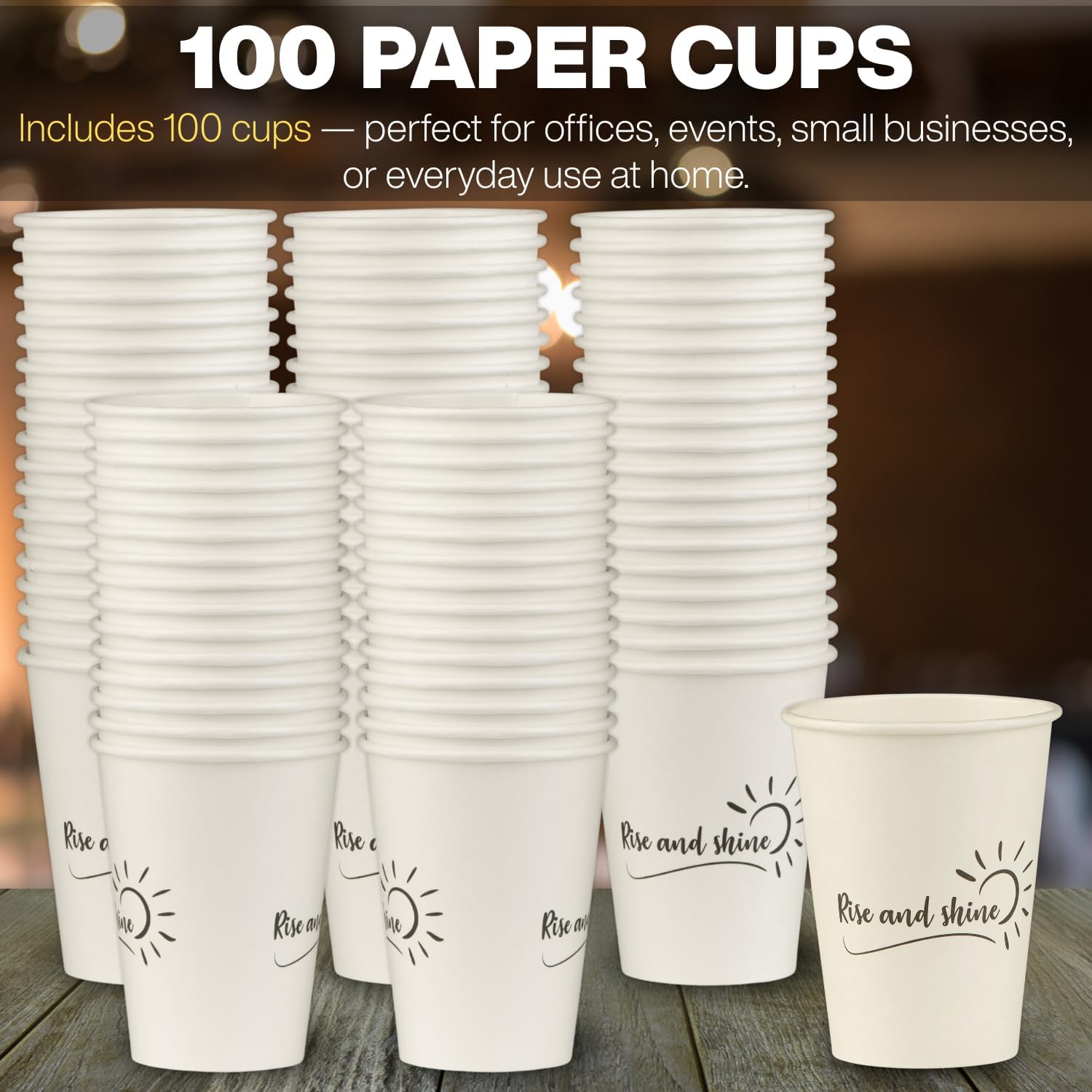 Smygoods Disposable Coffee Cups, To Go Paper Hot Cups, Rise and Shine Design (12 OZ, 100 Count) For Hot Beverages, Coffee, Tea, Espresso, Cocoa - Vasos Para Cafe