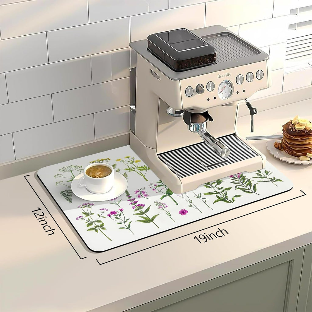 Bloss Kitchen Mat, Coffee Mat 12"x19", Coffee Bar/Maker Mat, Kitchen Counter Mats, Absorbent Hide Stain Rubber Backed Dish Drying Pad(, Flowers and Leaves)