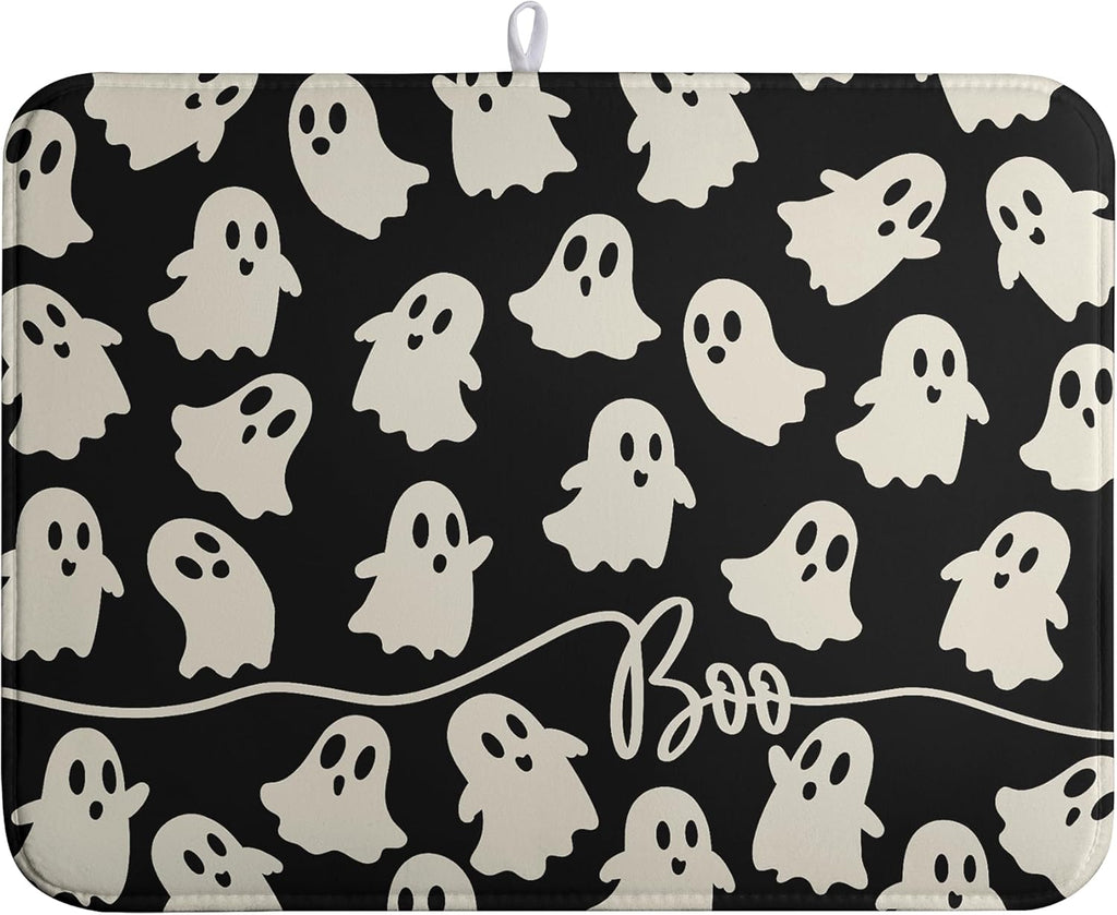 Halloween Ghosts Dish Drying Mat Black and White Large Kitchen Mats Dish Drying Pad Absorbent Dish Dryer Mat for Kitchen Countertops Microfiber Drainer Pad Dish Drying Mats (18x24 in)