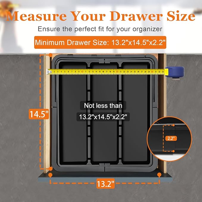 Large Utensil Drawer Organizer Expandable Silverware Organizer for Kitchen Drawer Adjustable Cooking Utensil Holder Cutlery Flatware Tray Spatula Tools Gadgets Storage Dividers Plastic Black