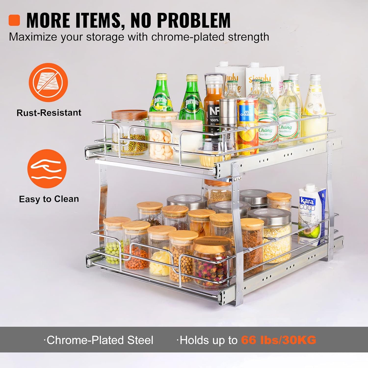 VEVOR Pull Out Cabinet Organizer, 17"Wx21"D 2 Tier Heavy Duty Slide Out Pantry Shelves, Chrome-Plated Steel Roll Out Drawers, Sliding Drawer Storage, 18.5"Wx22"D Install Size for Cabinet