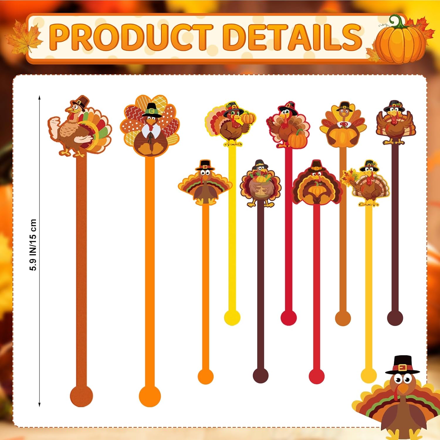 30 Pcs Thanksgiving Drink Stirrers Acrylic Turkey Coffee Stirrers Swizzle Sticks Fall Cocktail Swizzle Sticks Mixers for Thanksgiving Autumn Party Tea Coffee Bar Supplies