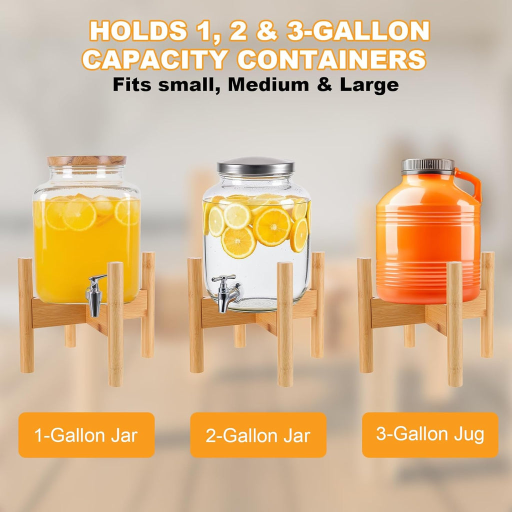 Bamboo Drink Dispenser Stand Adjustable Sideways to Fit 8-11 Inch Glass and Plastic Water Dispensers, Water Dispenser Holder for 1-2 Gallons Drinks Beverages Lemonades and Juices Jug Container