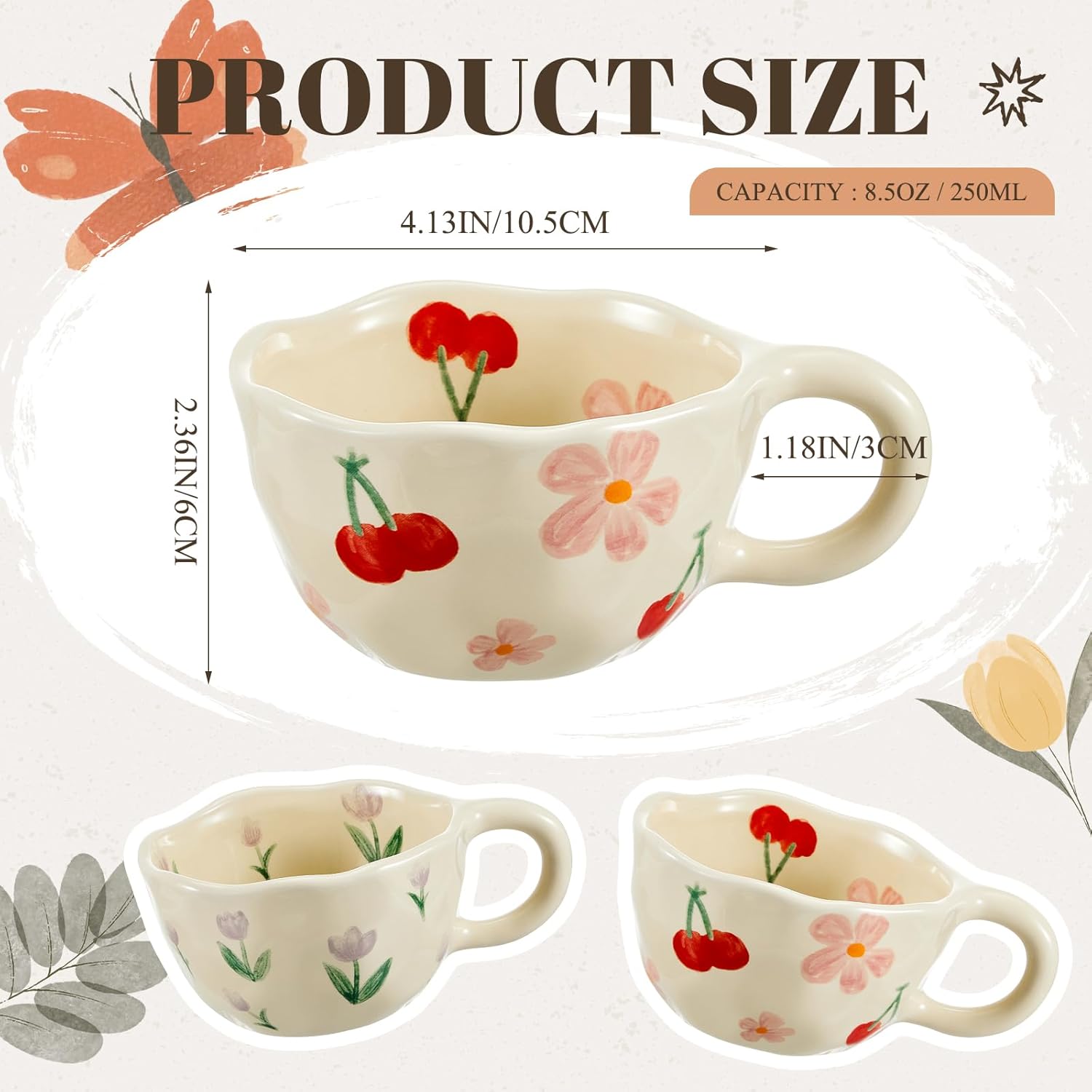 Vesici 2 Pcs Ceramic Coffee Mugs Flower Cups with Spoon Vintage Floral Mugs with Handle 8.5 oz Aesthetic Tea Porcelain Cup Gift for Valentine Office Home, Dishwasher and Microwave Safe(Cute)