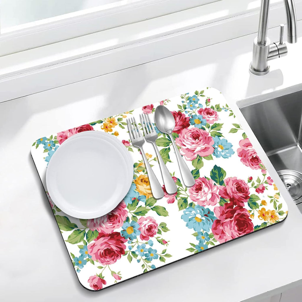 Rubber Dish Drying Mat for Kitchen Counter Large Pink Red Roses Floral Washable Quick Home Coffee Pad Fit Under Sink,Bar,Utensils 18x24in