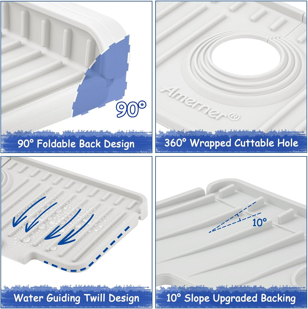 Kitchen Sink Splash Guard, Silicone Faucet Guard & Draining Mat, Bathroom and Kitchen Sink Organizer, Sink Faucet Mat Water Splash Guard Behind Faucet Accessories Gadgets, 14.2” x 5.1”, White