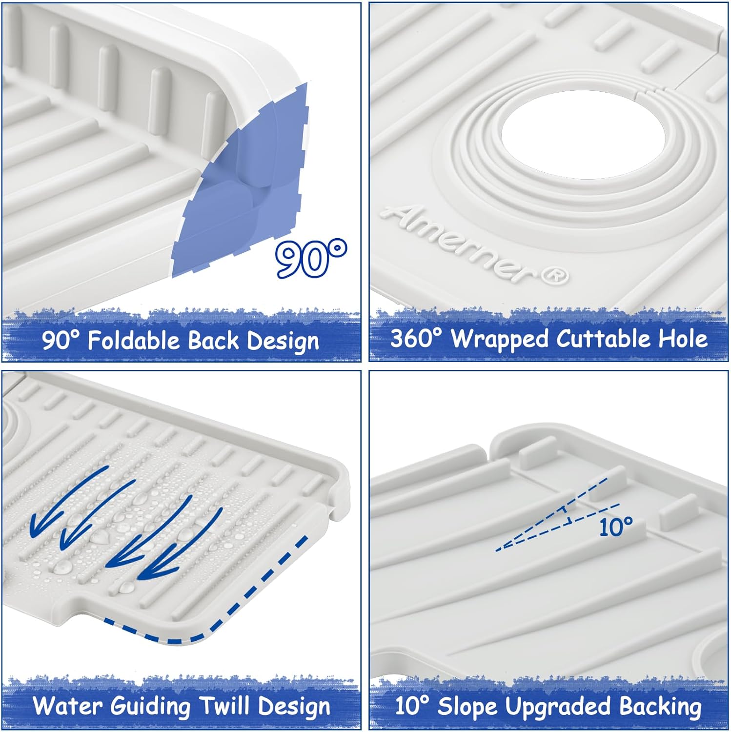 Kitchen Sink Splash Guard, Silicone Faucet Guard & Draining Mat, Bathroom and Kitchen Sink Organizer, Sink Faucet Mat Water Splash Guard Behind Faucet Accessories Gadgets, 14.2” x 5.1”, White