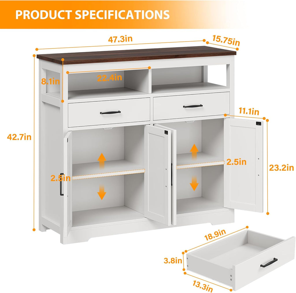 Buffet Sideboard with Storage Farmhouse with 4 Doors, 47'' Large Kitchen Storage Cabinet Wood Coffee Bar Cabinet Buffet Table with Shelves for Kitchen, Dining Room, Entryway