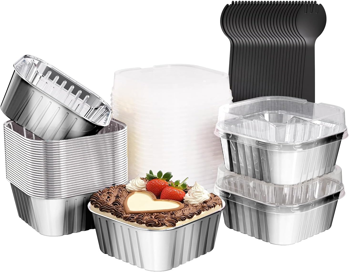 25 Pack Square Mini Cake Pans with Lids,Mini Loaf Pans with Lids,Aluminum Foil Baking Cups,Disposable Ramekins Cupcake Cups,Dessert Cups for Wedding Birthday Party Picnics,5oz (Silver)