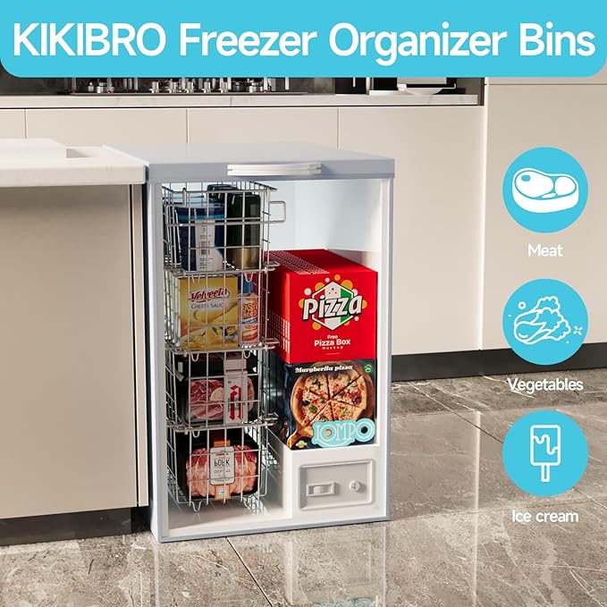 Freezer Organizer Bins - Fit 10 to 20 Cu.FT Deep Freezer, Stackable Chest Freezer Organizer Sort Frozen Food and Easily Get with Handle, 4 Pack Chest Freezer Bins