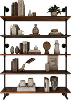 Industrial Pipe Wall Shelves Pipe Shelving with Real Wood Plank ,48 Inches Floating Shelves for Wall Farmhouse Pipe Book Shelves Dark Brown 5 Tier for Kitchen,Living Room Decor and Bar Shelving