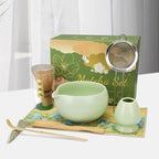 HengLiSam 8PCS Matcha Whisk Set, Ceramic Matcha Kit Set, Japanese Tea Ceremony Tools with Matcha Bowl, Bamboo Whisk, Holder, Sifter, Scoop, Tea Cloth, Spoon and Scoop Stand (Green)