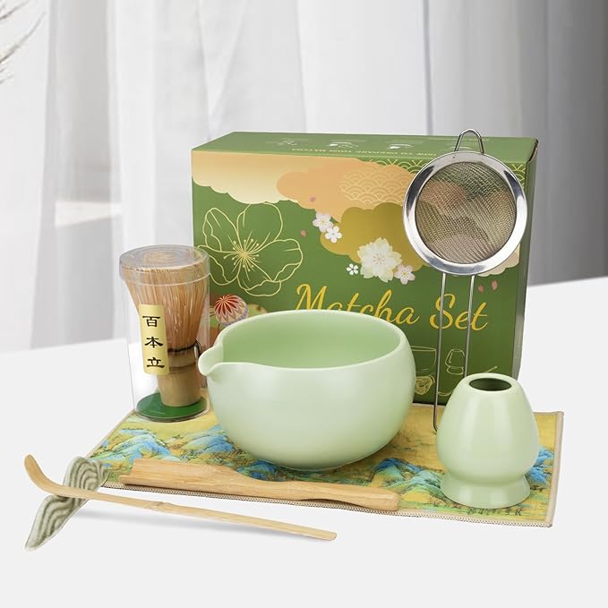 HengLiSam 8PCS Matcha Whisk Set, Ceramic Matcha Kit Set, Japanese Tea Ceremony Tools with Matcha Bowl, Bamboo Whisk, Holder, Sifter, Scoop, Tea Cloth, Spoon and Scoop Stand (Green)