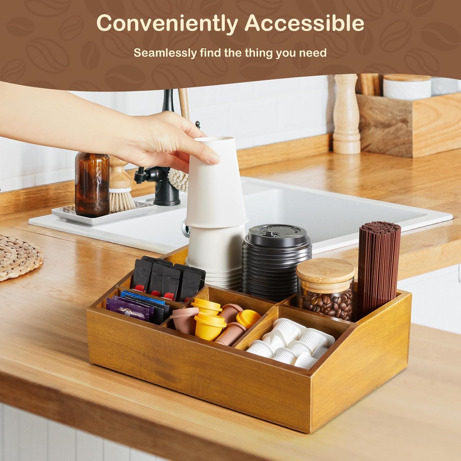 Acacia Wood Coffee Station Organizer for Countertop, Coffee Bar Accessories and Organizer, Pod Holder Storage Basket for K Cup Sugar Tea Bag