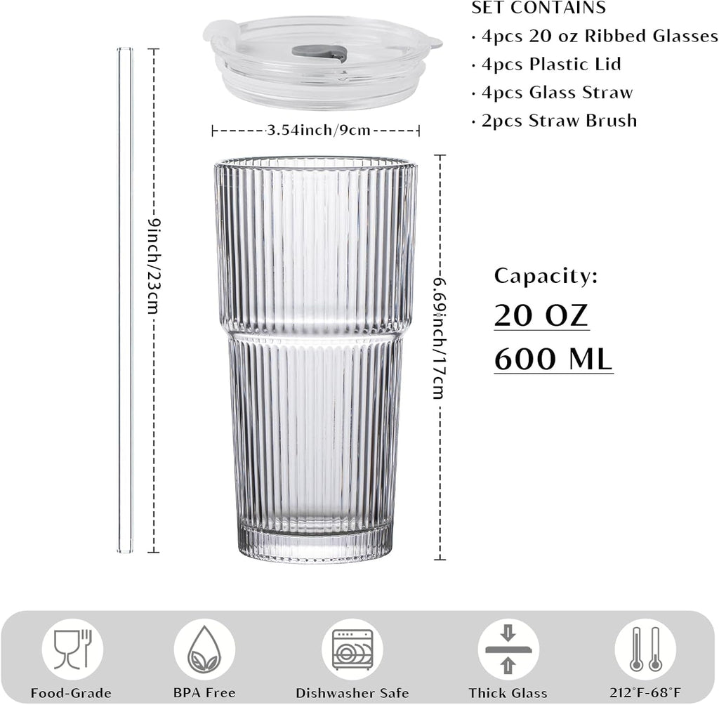 INSETLAN 20 oz Ribbed Glass Tumblers with Lids and Glass Straws – 4-Piece Glassware Set, Thickened Glass, Ideal for Iced Coffee, Smoothies, Cocktails, and Juices – Elegant and Durable Drinkware