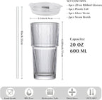 INSETLAN 20 oz Ribbed Glass Tumblers with Lids and Glass Straws – 4-Piece Glassware Set, Thickened Glass, Ideal for Iced Coffee, Smoothies, Cocktails, and Juices – Elegant and Durable Drinkware