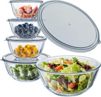 WhiteRhino Glass Mixing Bowls with Lids Set of 5（4.70QT,2.85QT, 1.69QT,1.11QT,0.85QT,Glass Bowls with Lids,Large Salad Bowls Space-Saving Nesting for Cooking,Baking,Prepping,Dishwasher Safe