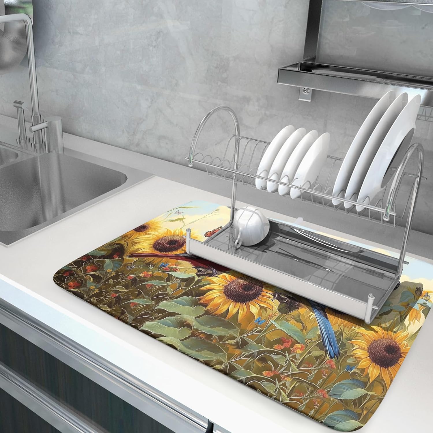Giwawa Sunflower Birds Dish Drying Mat, Spring Summer Yellow Floral Butterflies Reversible Dish Drainer Mats Drying Pad for Kitchen Countertop Farmhouse Decor, 18x24inches, Large