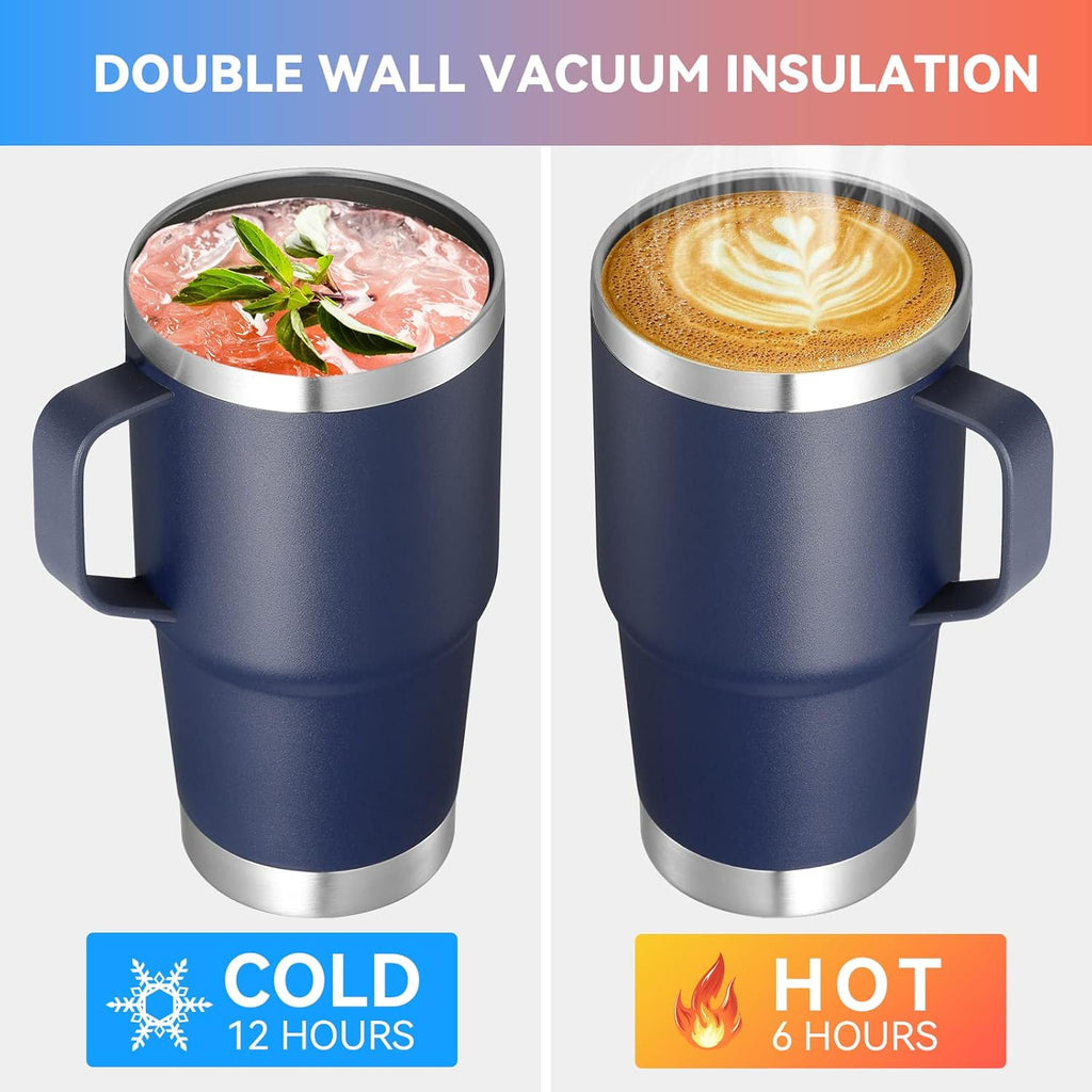 VEGOND 20 oz Tumbler Bulk with Handle Lid and Straw, Stainless Steel Insulated Travel Coffee Mug Set, Spill Proof Double Wall Metal Tumblers Cups, Powder Color Navy Blue 12 Pack
