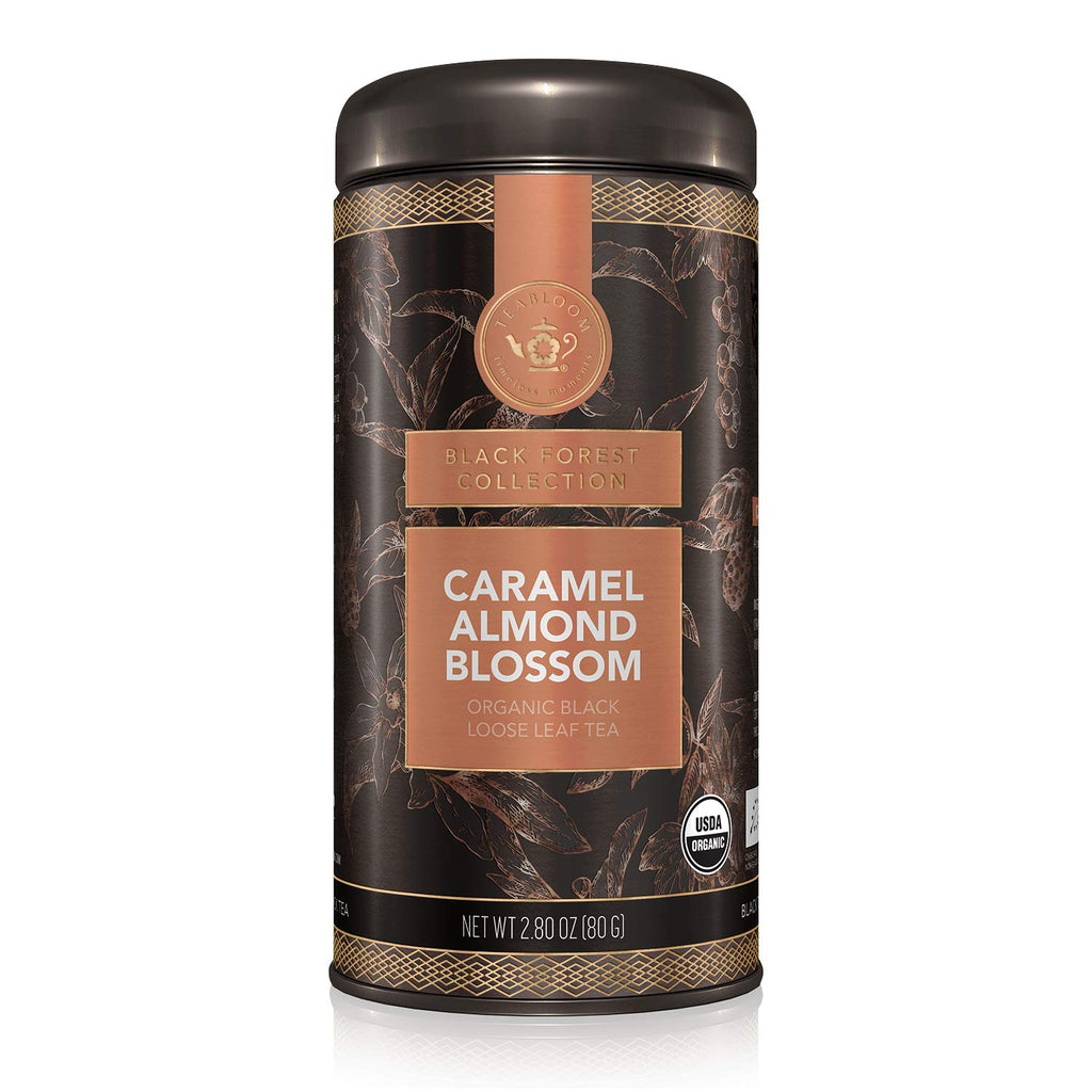 Teabloom Organic Black Tea, Caramel Almond Blossom Loose Leaf Tea, Luxury Dessert Tea, USDA Certified Organic, Certified Kosher, 2.80 Ounce Canister Makes 35-50 Cups
